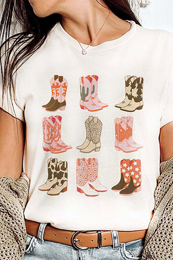 White Western Cowboy Boots Print Round Neck T Shirt