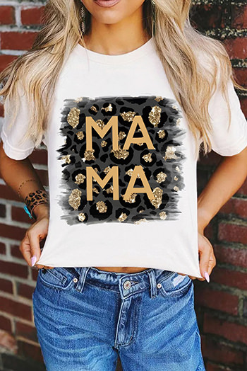 White MAMA Leopard Color Block Crew Neck Casual Tee