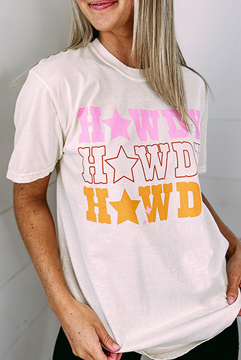 White HOWDY Star Shape Print Crew Neck T Shirt