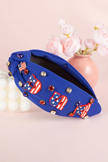 Dark Blue USA Flag Gemstone Decor Knotted Wide Headband