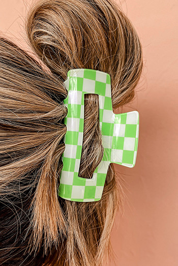 Light Green Checkered Print Hollow Out Hair Clip