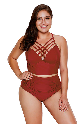 Red Strappy Neck Detail High Waist Swimsuit