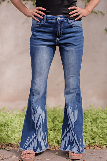 Blue Western Pattern High Rise Flare Jeans