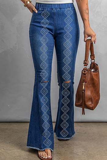 Blue-2 Laser Burn Distressed Raw Hem Bell Bottom Jeans