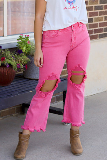 Pink Distressed Holes Raw Edge Cropped Flare Jeans