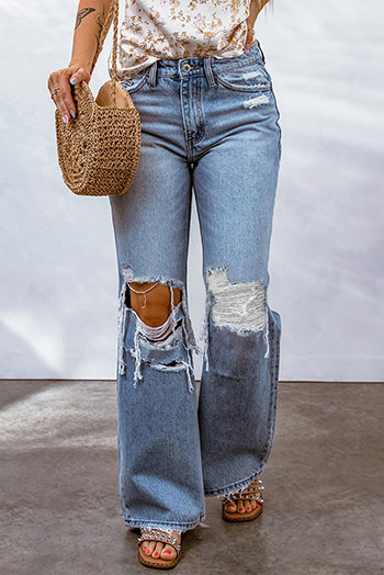 Sky Blue Destroyed Open Knee Wide Leg Jeans