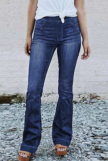 Blue High Rise Elastic Waist Flare Jeans