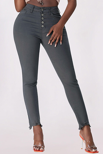 Gray Plain High Waist Buttons Frayed Cropped Denim Jeans