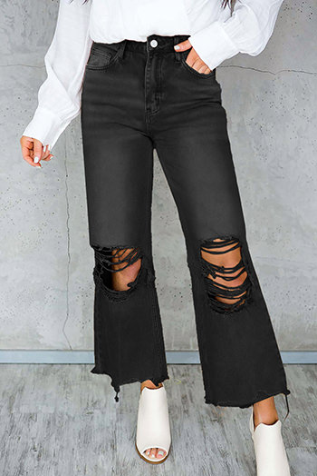 Black Distressed Hollow out High Waist Cropped Flare Jeans