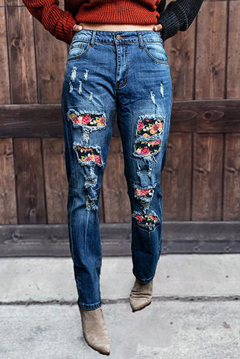 Floral Patchwork Ripped Straight Leg High Rise Jeans