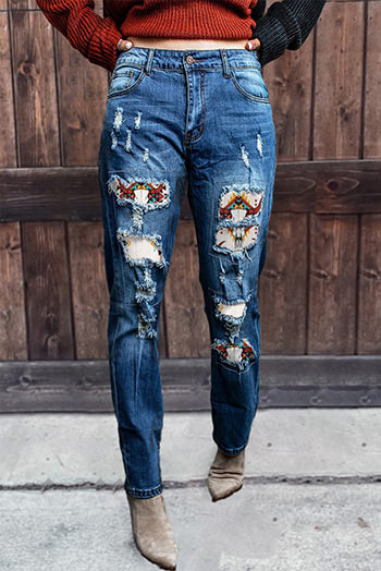 Western Pattern Patchwork High Rise Distressed Jeans