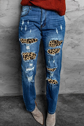 Distressed Leopard Patchwork Straight Leg Jeans