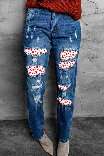 Valentine Heart Patchwork Distressed Straight Leg Jeans