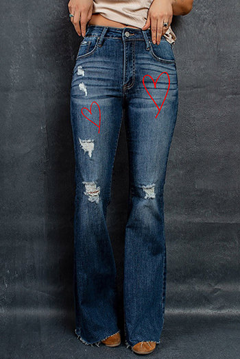 Blue Heart Print Ripped Bell Jeans