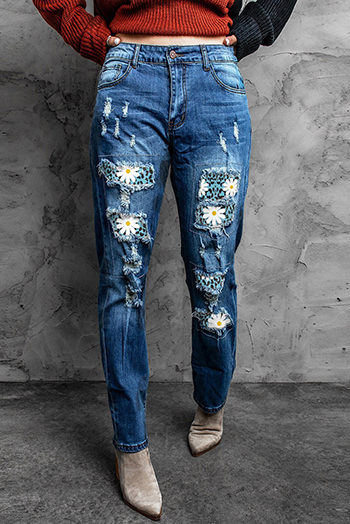 Daisy Leopard Patchwork Distressed Straight Leg Jeans