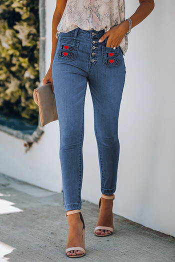 Buttons Printed Pockets Skinny Jeans