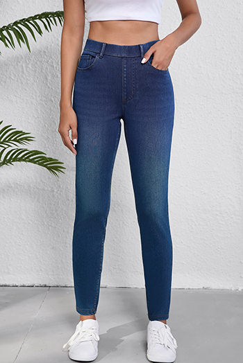 Blue Multiple Pockets Straight Leg Washed Stretchy Knit Casual Jeans