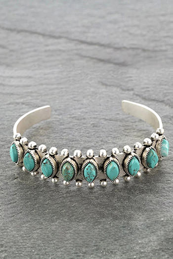 Green Boho Turquoise Gem Beaded Open Bracelet