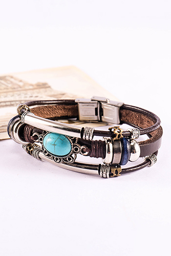 Brown Turquoise Faux Leather Multi-layered Bracelet