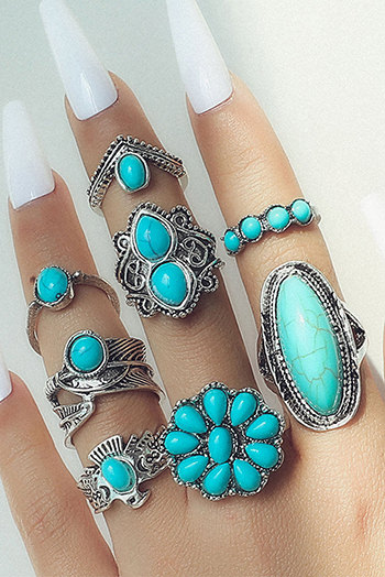 Green Vintage Western Turquoise 8-piece Ring Set