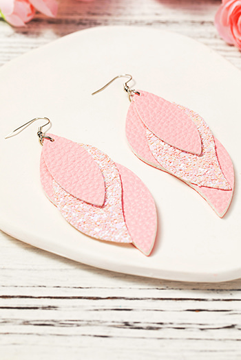 Light Pink Valentine PU Leaves Layered Earrings