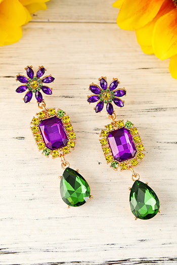 Purple Mardi Gras Diamond Flower Geometric Dangle Earrings