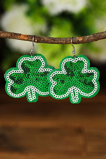 Dark Green St. Patrick Sequined Clover Dangle Earrings