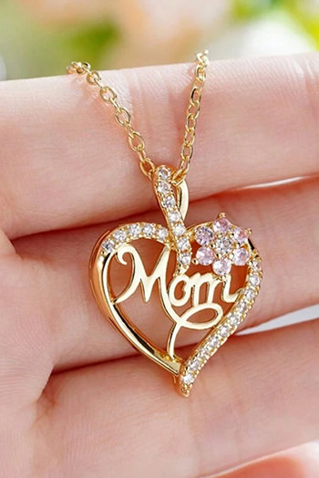 Gold Mom Rhinestone Flower Hollow out Heart Necklace