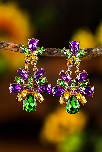 Purple Mardi Gras Gem Stone Dangle Earrings