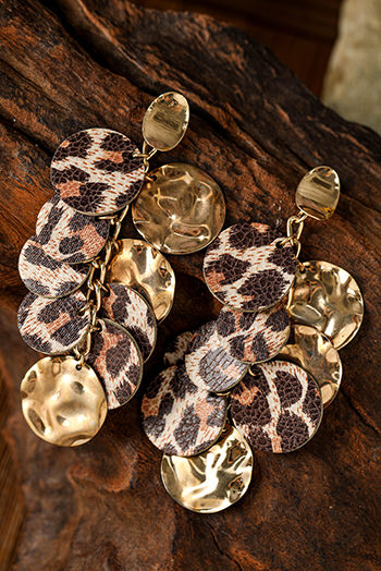 Chestnut Leopard Alloy Disc Stud Dangle Earrings