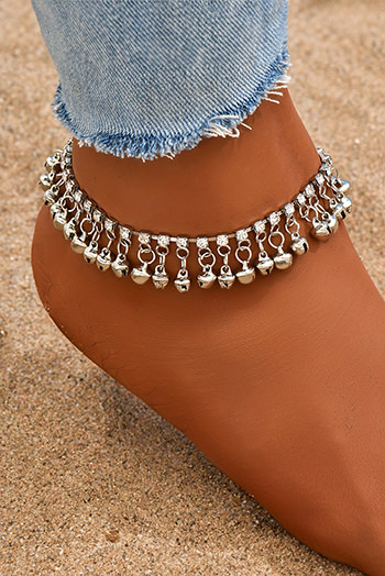 Silvery Fringed Bell Rhinestone Chain Anklet