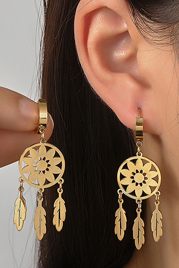 Gold Dream Catcher Feather Fringed Alloy Dangle Earrings