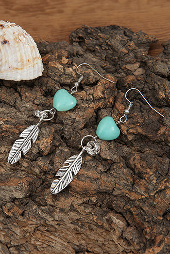 Silvery Turquoise Heart Shape Alloy Feather Drop Earrings