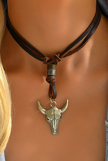 Coffee Western Steer Head Pendant Necklace