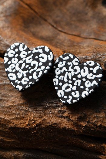 Black Leopard Heart Valentines Day Earrings