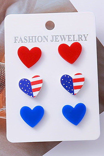 Fiery Red American Flag Print Heart Shape Stud Earrings Set