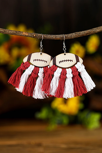 Red Rugby Shape Color Block Braided Tasseled Drop Earrings