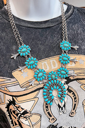 Light Blue Western Turquoise Decor Double Chain Necklace