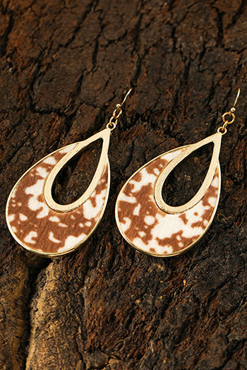 Chestnut Leopard Print Hollowed Waterdrop Shape Hook Earrings