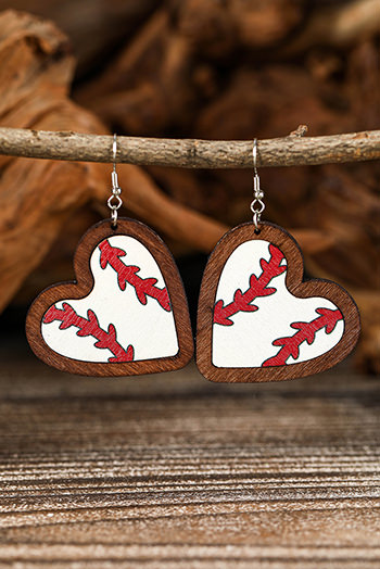 White Contrast Edge Heart Shape Baseball Print Earrings