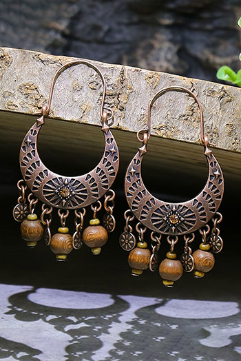 Chestnut Vintage Semilune Shape Wooden Beaded Dangle Earrings