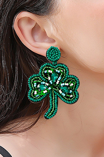 Blackish Green St Patrick Shamrock Rice Beaded Stud Earrings