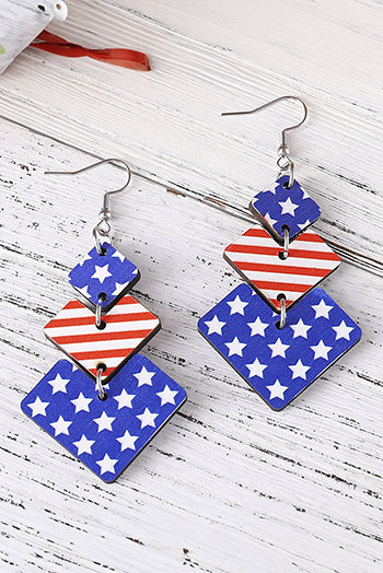 Dark Blue Geometric Wooden Star Stripe Flag Dangle Earrings