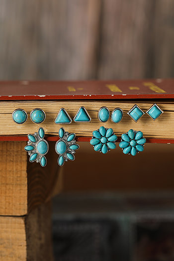 Green 6 Pair Turquoise Boho Vintage Earrings Set