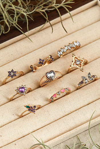 Gold Rhinestone Decor Heart Butterfly Alloy Ring Set