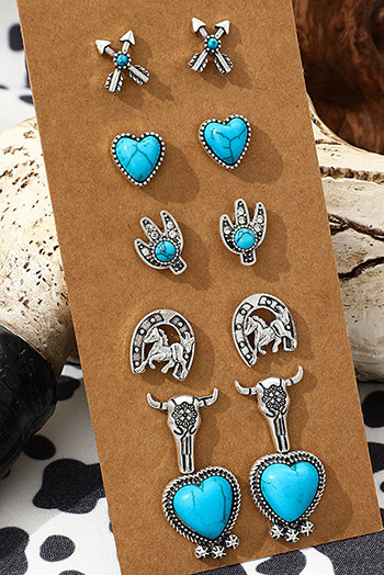 Silvery 6 Pairs Western Turquoise Alloy Stud Earrings