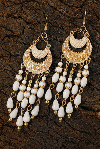 White Boho Beaded Tassel Alloy Charm Earrings