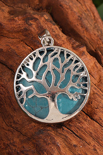 Blue Boho Tree of Life Crystal Round Pendant Necklace