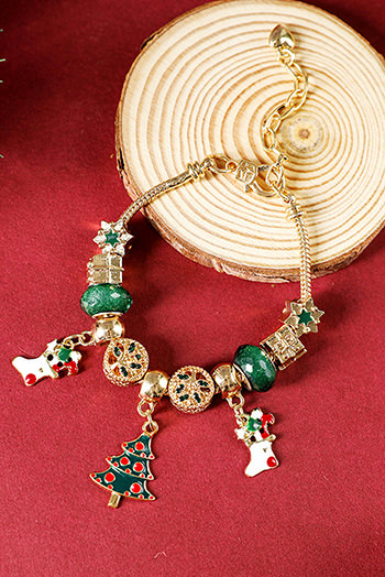 Green Christmas Pendant Adjustable Plated Beaded Bracelet