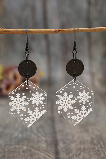 White Snowflake Print Hexagon Acrylic Dangle Earrings